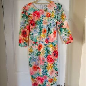 Kensie 3/4 sleeve muticolored lace sheath dress, size 2